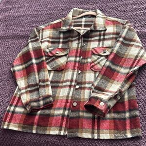 Women’s Plaid Button-Front Shacket Jacket - Red & Brown